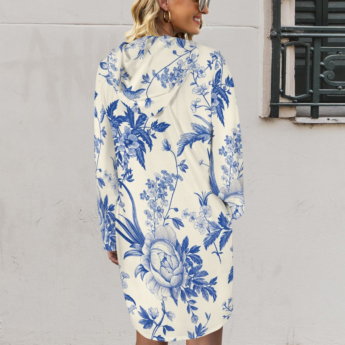 Blue Toile Hoodie Dress